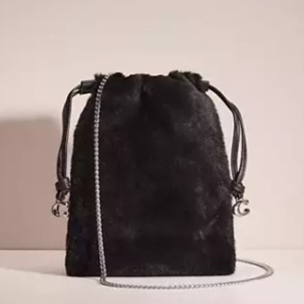 Coach Retail Drawstring Pouch in Shearling - Black With Silver NWT